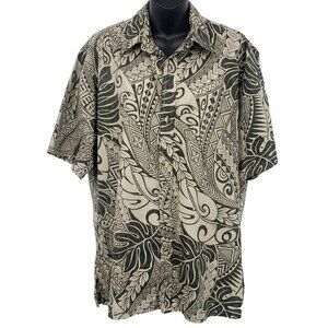 Two Paddles Men Aloha Button Shirt Large Brown Black Hawaiian Tribal Cotton EUC